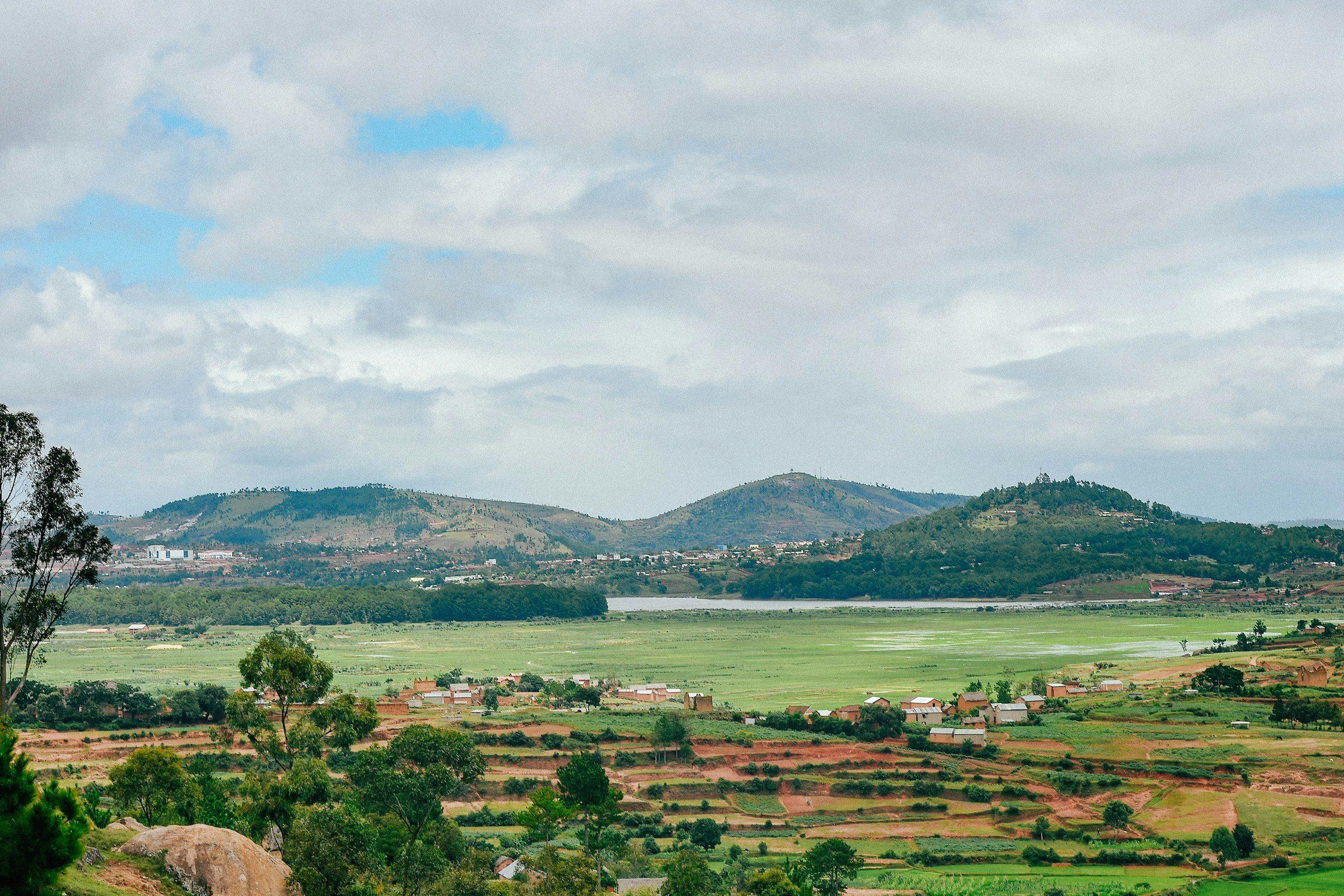 Highland valley with rice fields and hills